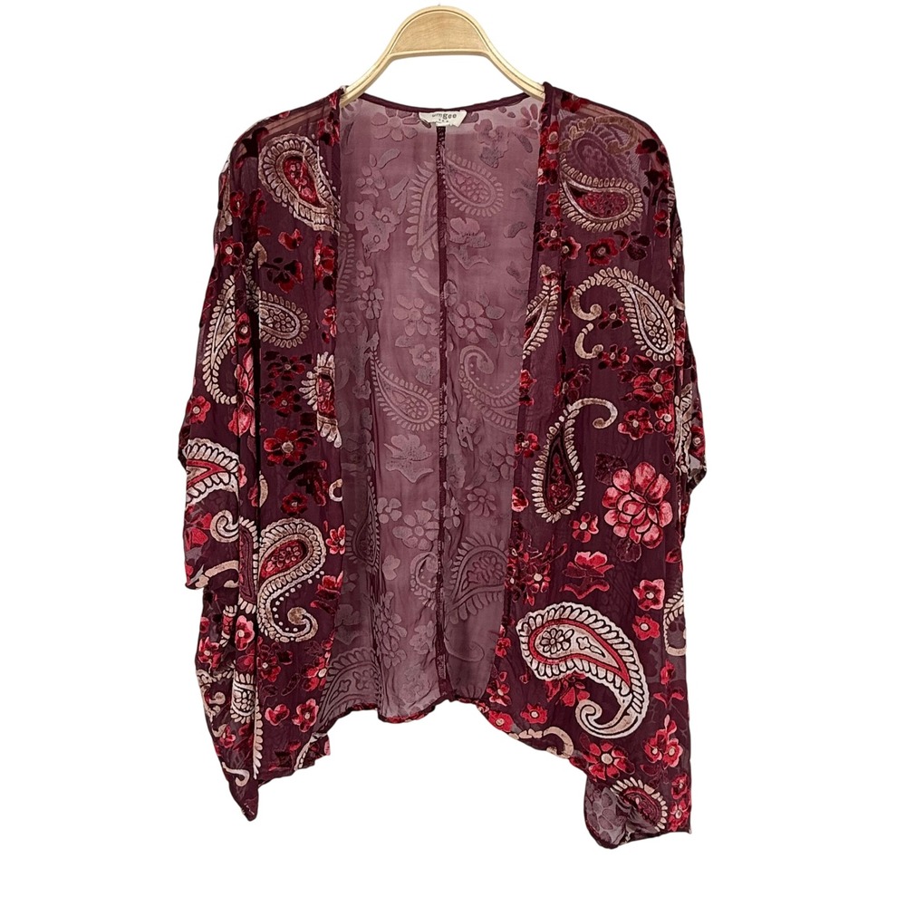 Umgee Paisley Velvet‎ Burnout Kimono Cardigan Women S/M Burgundy Excellent Boho